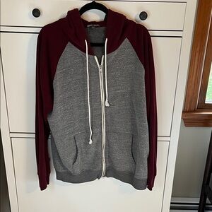 Threads 4 Thought Gray and Burgundy Zip-Up Sweater